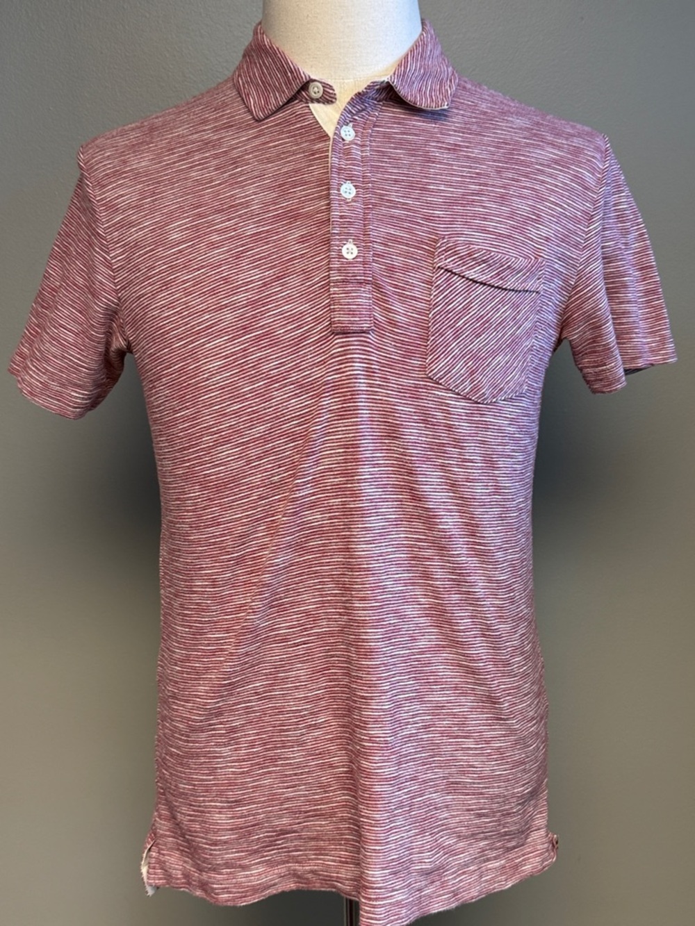 Billy Reid Slub Knit Polo Shirt Red White Stripe Pocket M